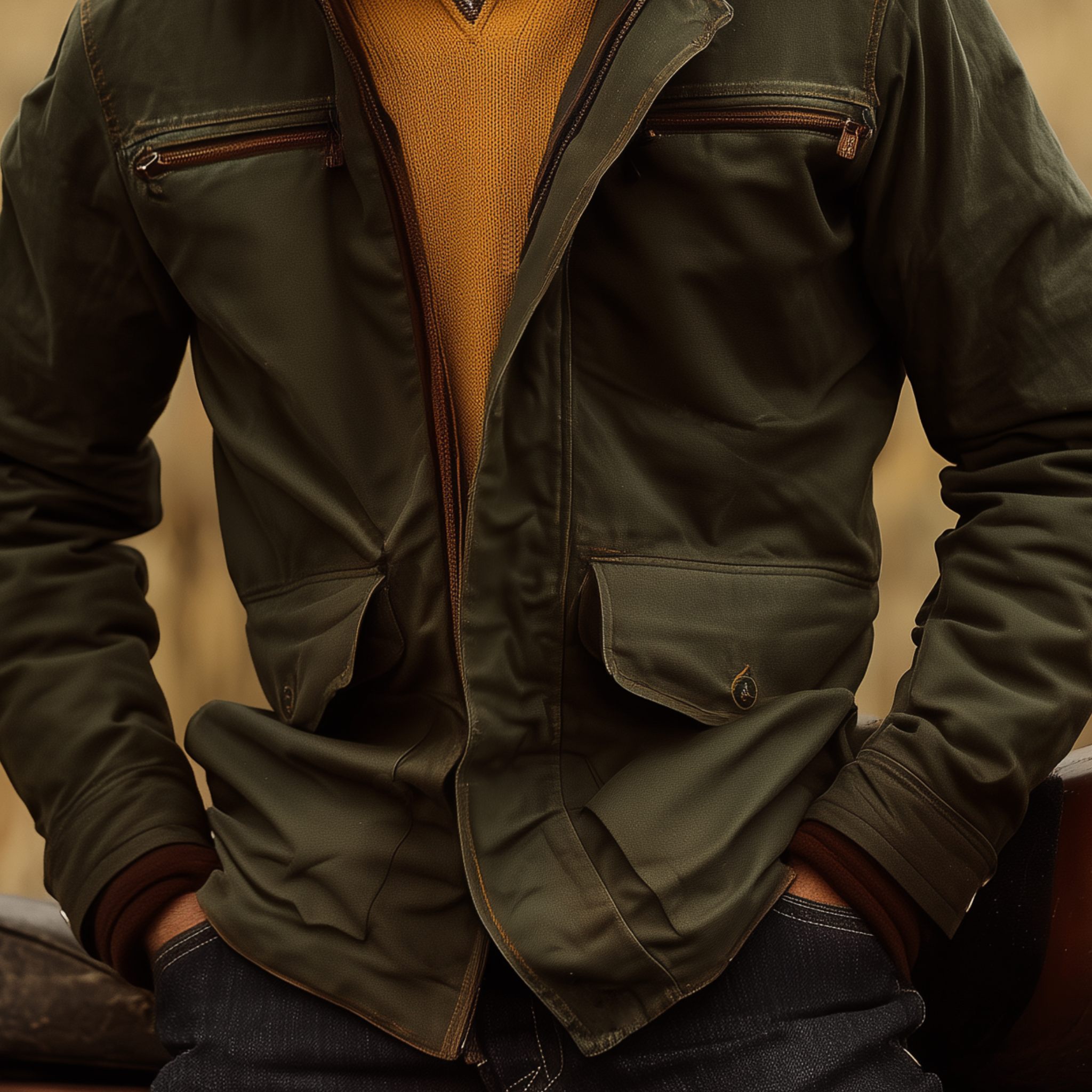 Men's Classic Western Style Corduroy Collar Multi-Pocket Zipper Cotton Blend Jacket MTA0547I5K