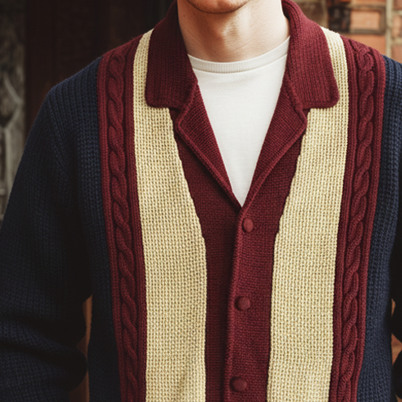 Men's Classic Lapel Colorblock Button Knit Cardigan MTA3043I1U
