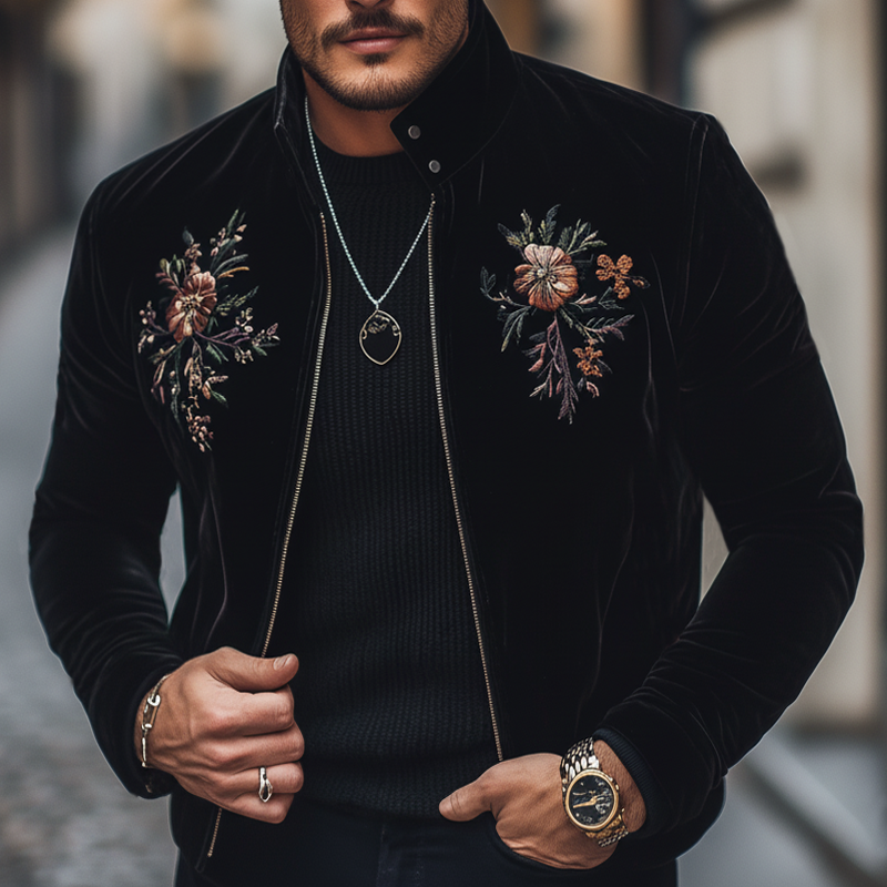 Men's Vintage Floral Embroidered Stand-collar Velvet Zip-up Jacket MTA0852L0U