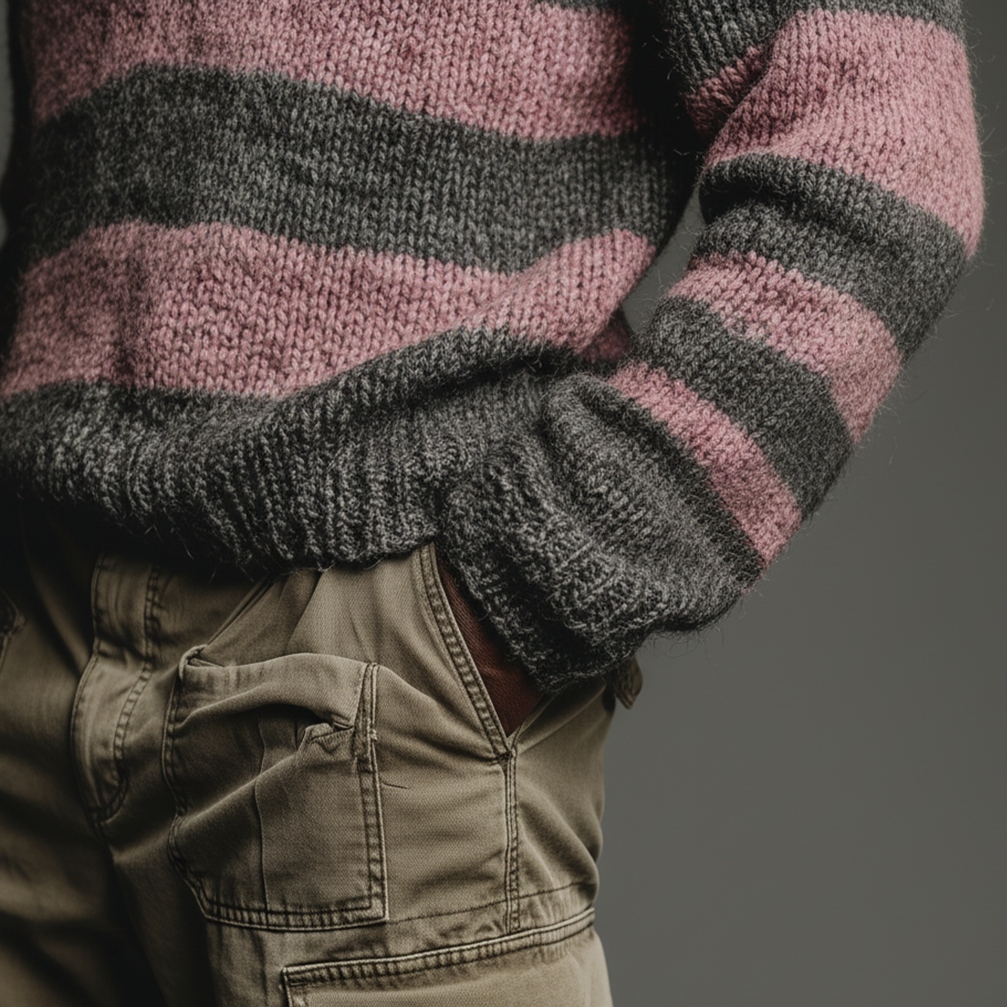 Men's Classic Casual Pink And Gray Horizontal Striped Stand Collar Loose Sweater MTA2829I6K