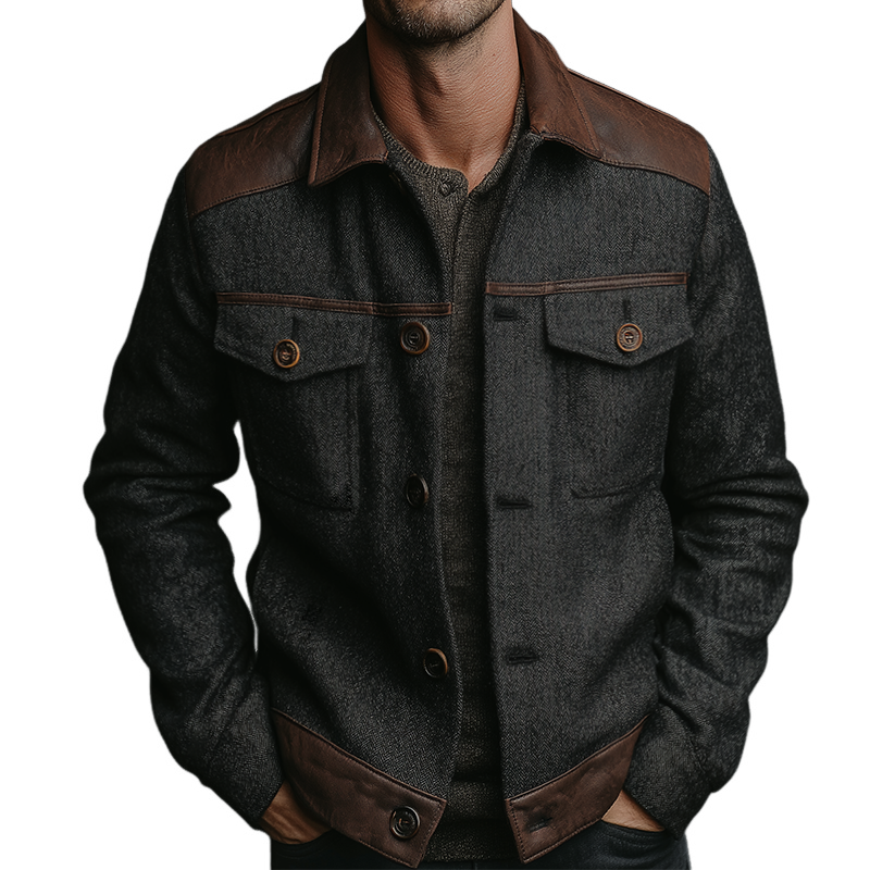 Men's Retro Casual Herringbone Tweed Patchwork PU Jacket MTA0168K0TO