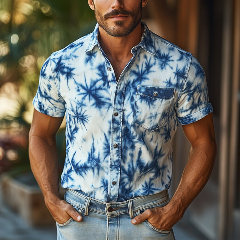 Men's Summer Comfort Printed Lapel Button Short Sleeve Shirt MTA2392E3U