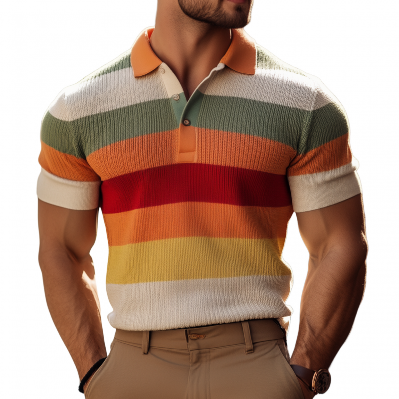 Men's Vintage Breathable Contrast Color Striped Lapel Slim Fit Knitted Short-sleeved Polo Shirt MTA2123G4M