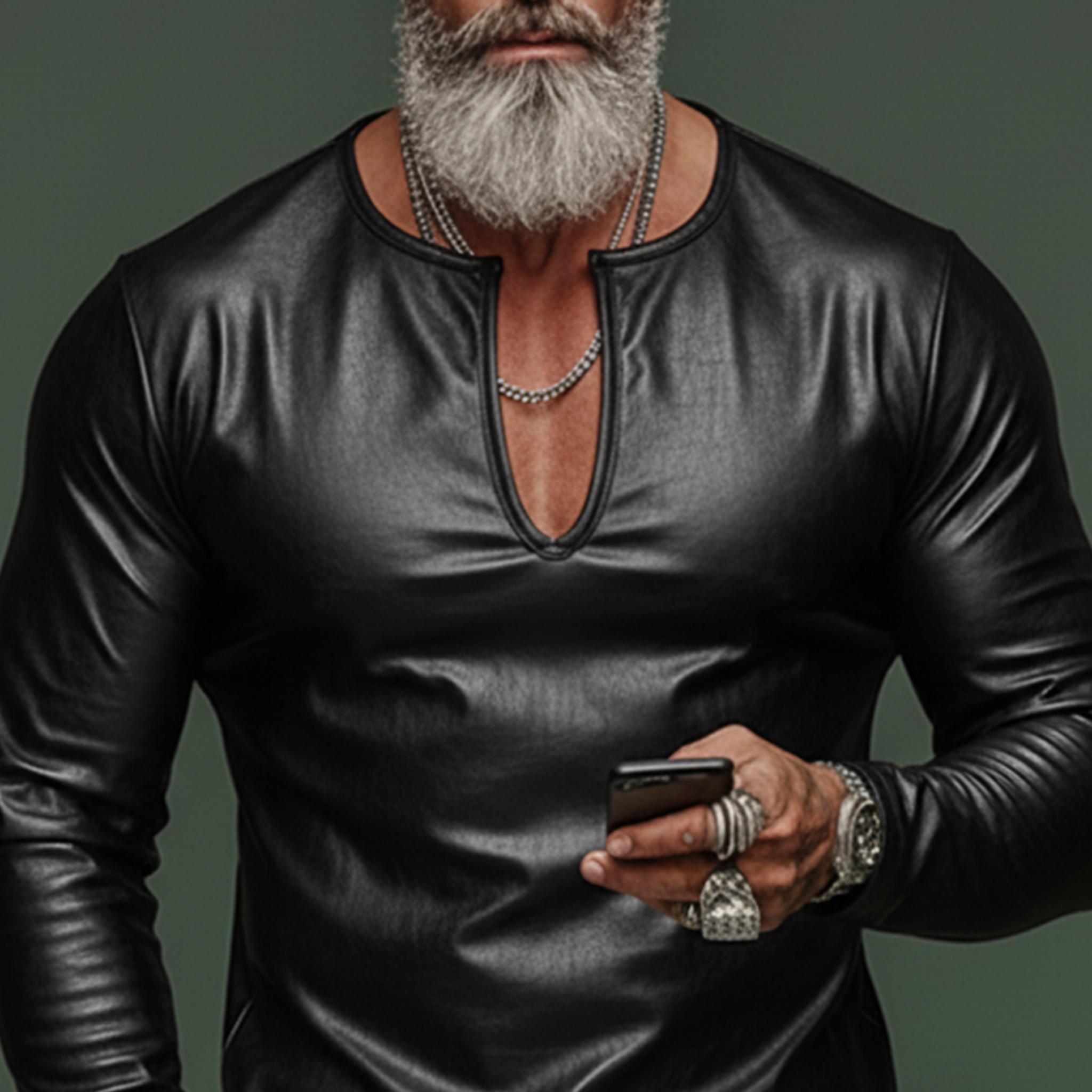 Men's Classic Casual V-Neck Slim Fit PU Leather Long-Sleeve T-Shirt MTA2595K9K