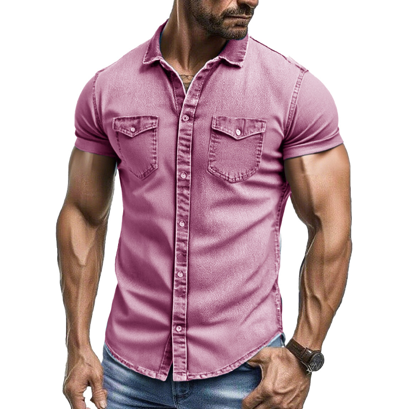 Men's Vintage Washed Short Sleeve Multi-Pocket Denim Shirt MTA2170F6X