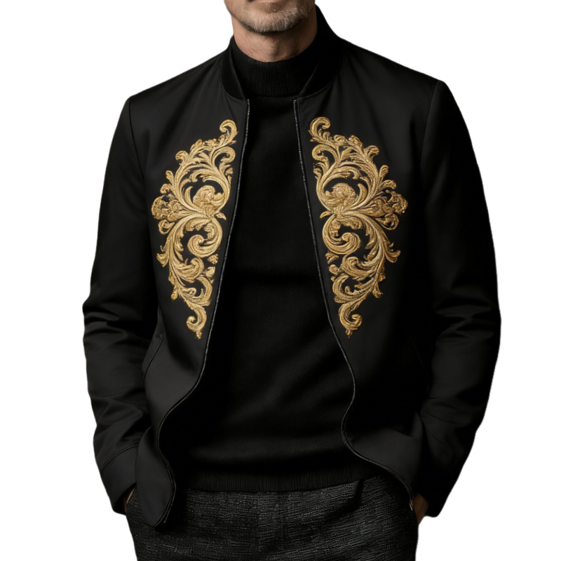 Men's Vintage Casual Baroque Embroidered Collarless Zip-up Jacket MTZ0800A7TO