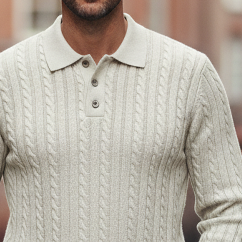 Men's Cable Knit Solid Lapel Pullover Sweater MTA1071I1X