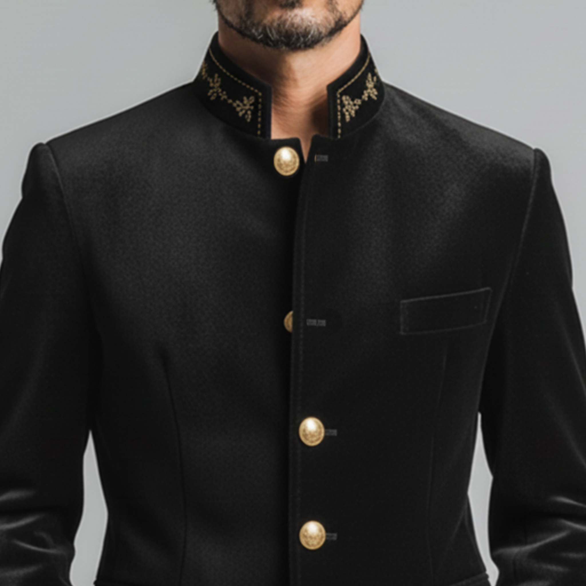 Men's Classic Retro Stand-collar Embroidered Faux Velvet Single-breasted Jacket MTA0559L2K