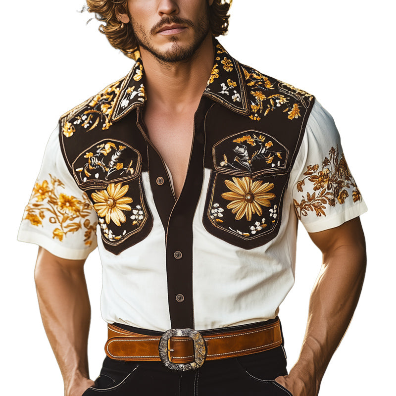 Men's Summer Exquisite Embroidered Colorblock Short Sleeve Shirt MTA2611E5U