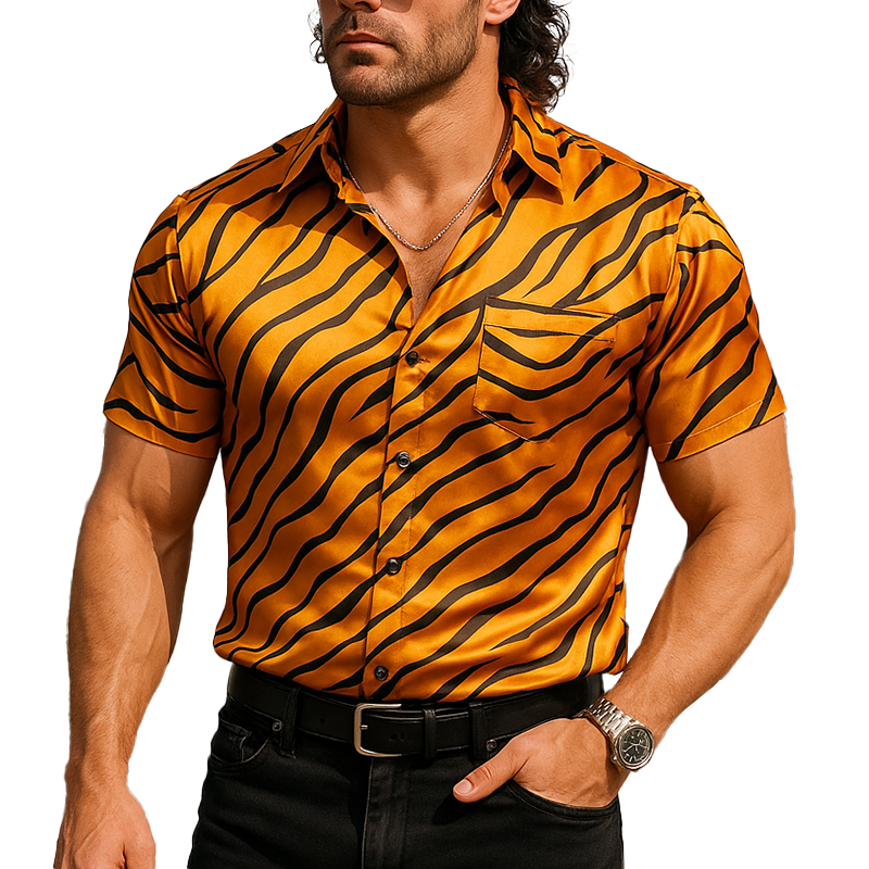 Men's Summer Fashion Printed Satin Short Sleeve Shirt MTA1030F9P