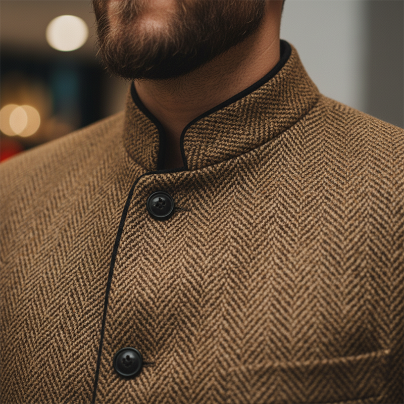 Men's Winter Retro Herringbone Faux Wool Stand Collar Coat MTA2104J7P