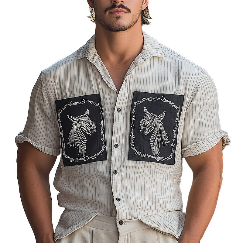Men's Summer Fashion Plaid Embroidery Patchwork Short Sleeve Shirt MTA2830E9P