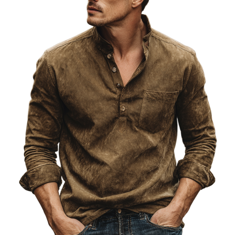 Men's Retro Stand Collar Pullover Long Sleeve Shirt MTA0744H7X