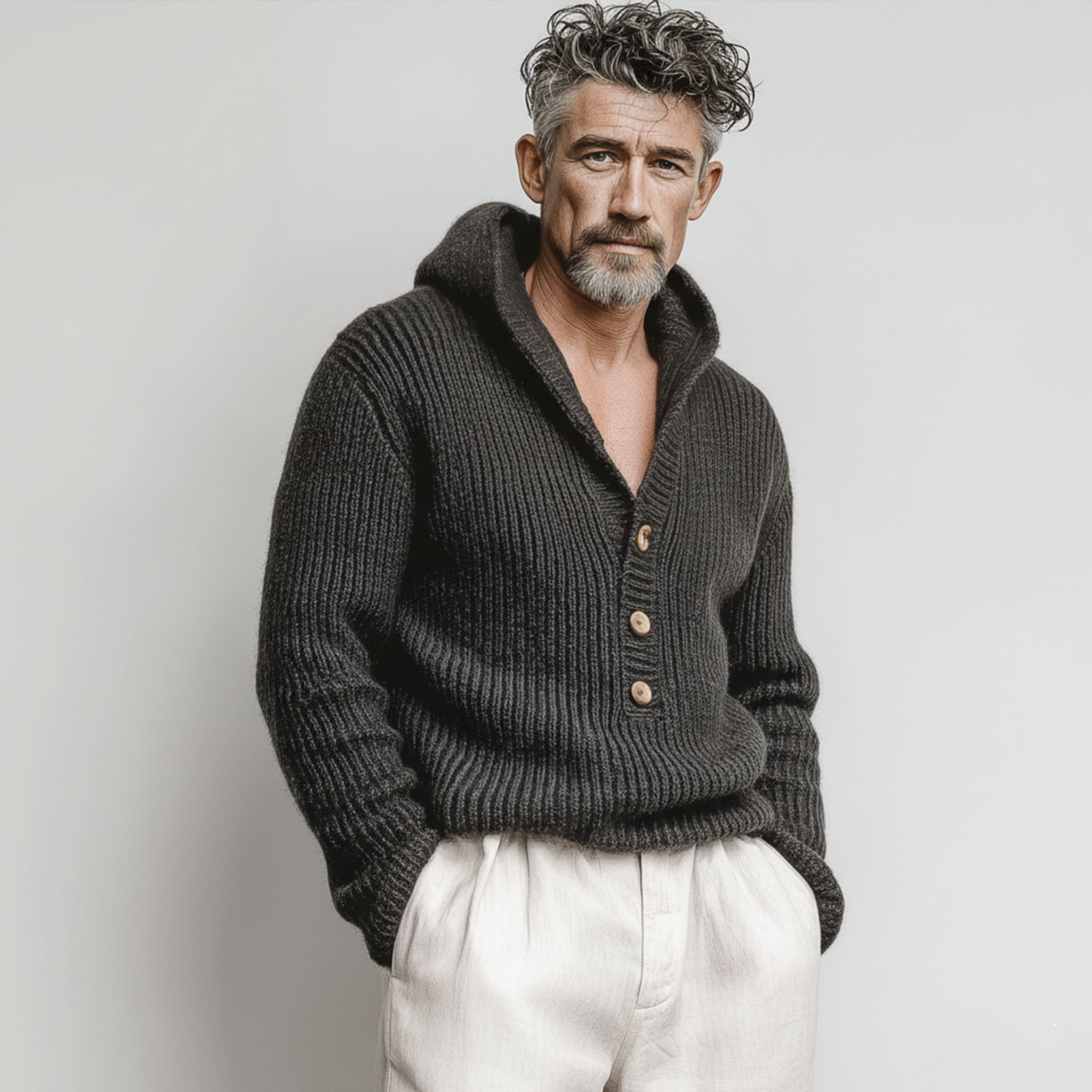 Men's Classic Casual Hooded Henley Collar Loose Sweater MTA2832I6K