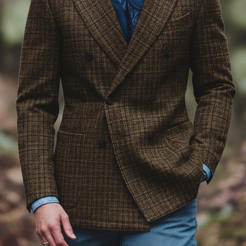 Men's Winter Retro Wool Blend Plaid Double-Breasted Suit Jacket MTA2144K7P