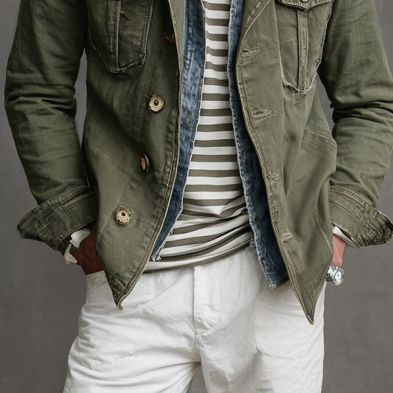 Men's Washed Distressed Military Style Lapel Multi-pocket Single Breasted Jacket MTA0569I9Z