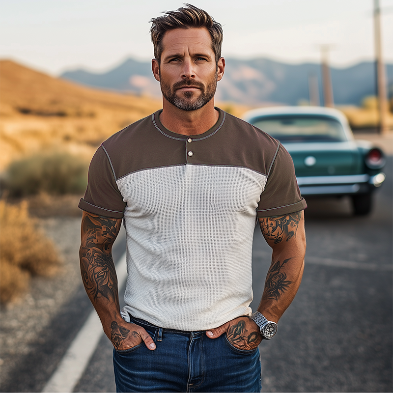 Men's Spring And Summer Casual Cotton Blend Splicing Waffle Henry Collar Short Sleeve T-Shirt MTA0125G2K
