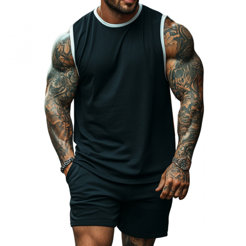 Men's Casual Cotton Colorblock Round Neck Loose Tank Top Elastic Waist Shorts Sports Set MTA2676E1M