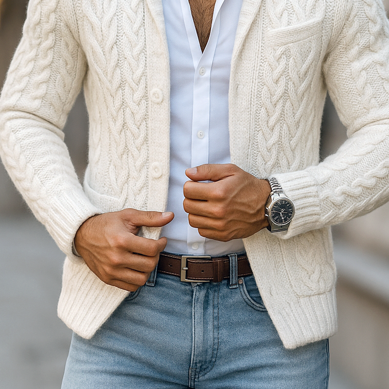 Men's Solid Cable Knit Lapel Single Breasted Cardigan MTA0118I9Z