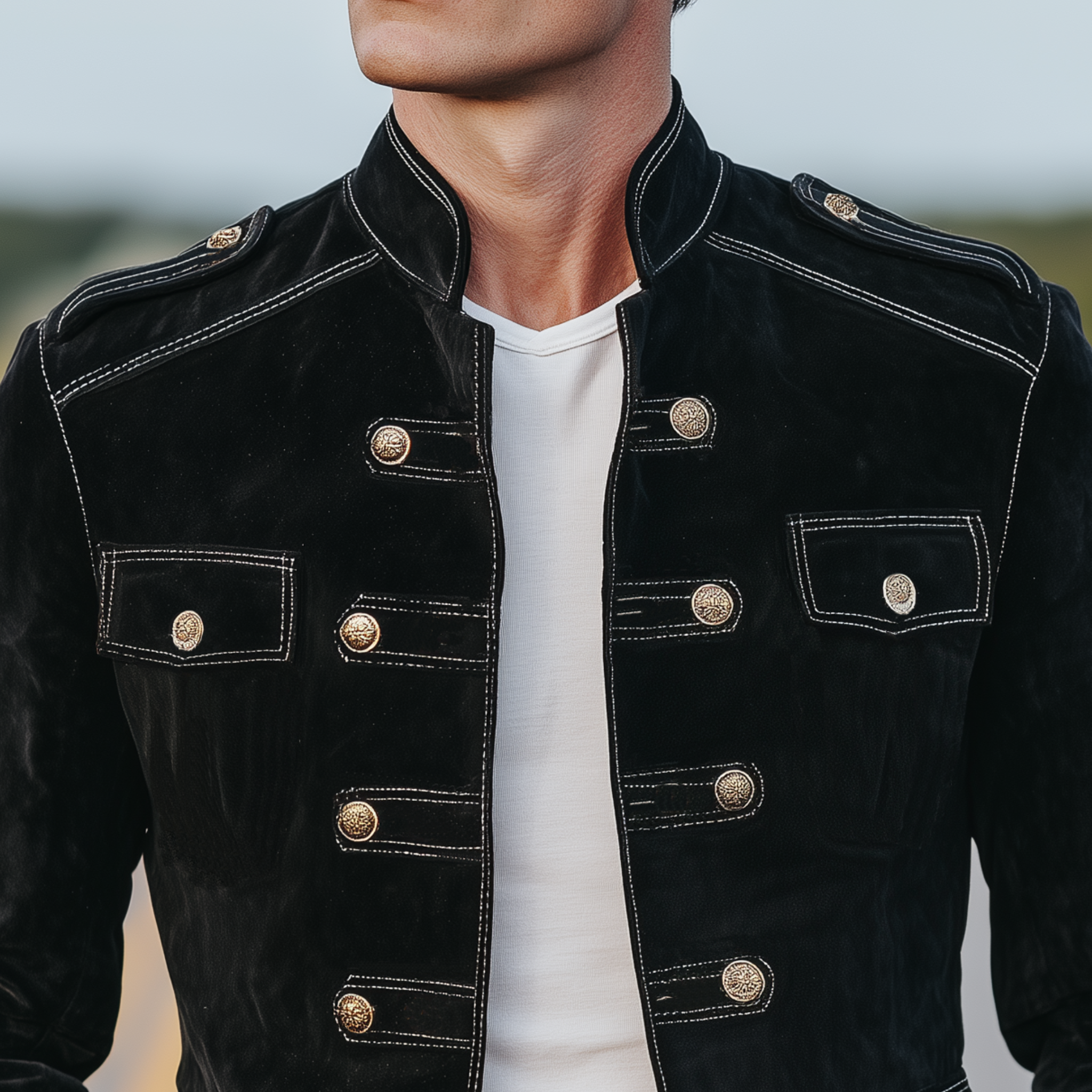 Men's Classic Retro Stand Collar Double-breasted Multi-pocket Suede Jacket MTA3098H1K