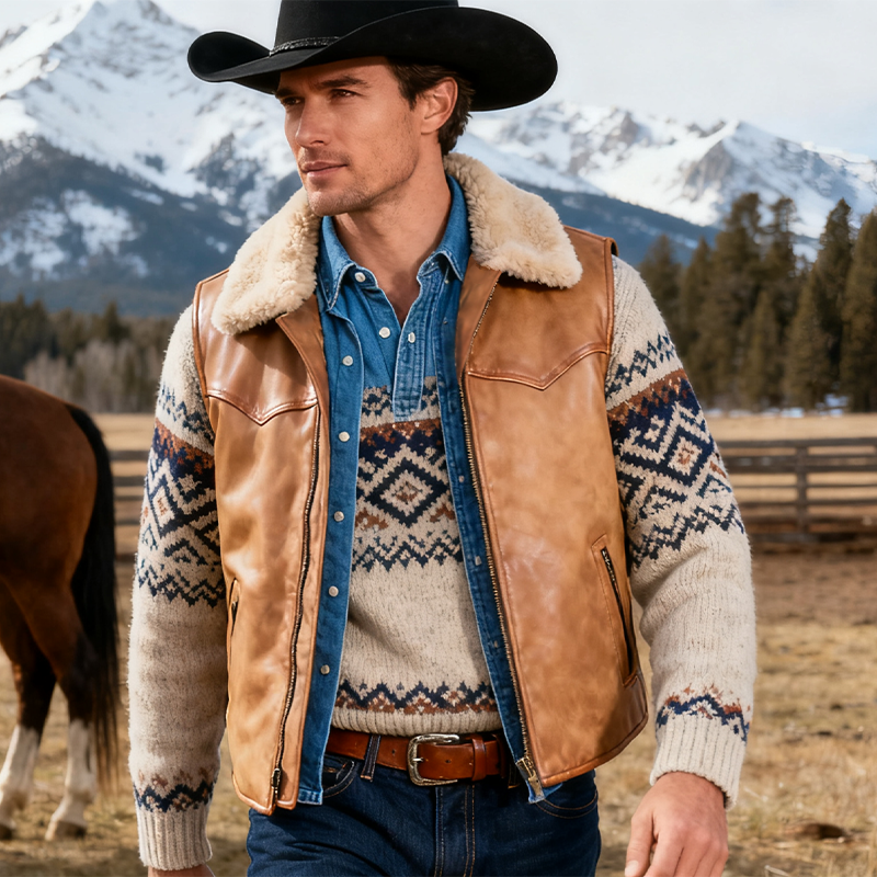 Men's Winter Retro PU Faux Leather Lambswool Collar Zipper Vest MTA0502K4P