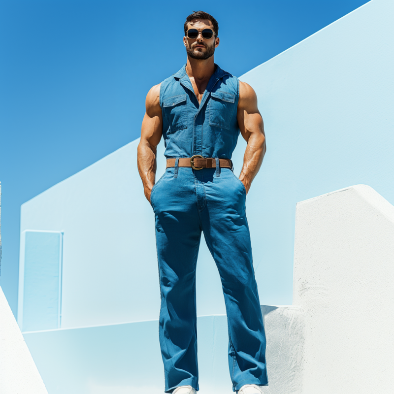 Men's Casual Washed Cotton Lapel Flap Pocket Sleeveless Slim Fit Jumpsuit (Belt Excluded) MTA2550D3M
