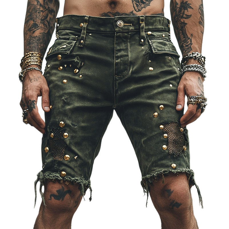 Gotisk vintage gullmetallnagledekor for menn, nettinghull, denimshorts MTA1064D3Z