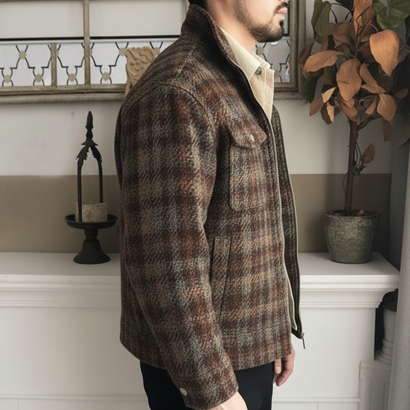 Men's Vintage Plaid Faux Woolen Zipper Stand Collar Jacket MTA1393J9U