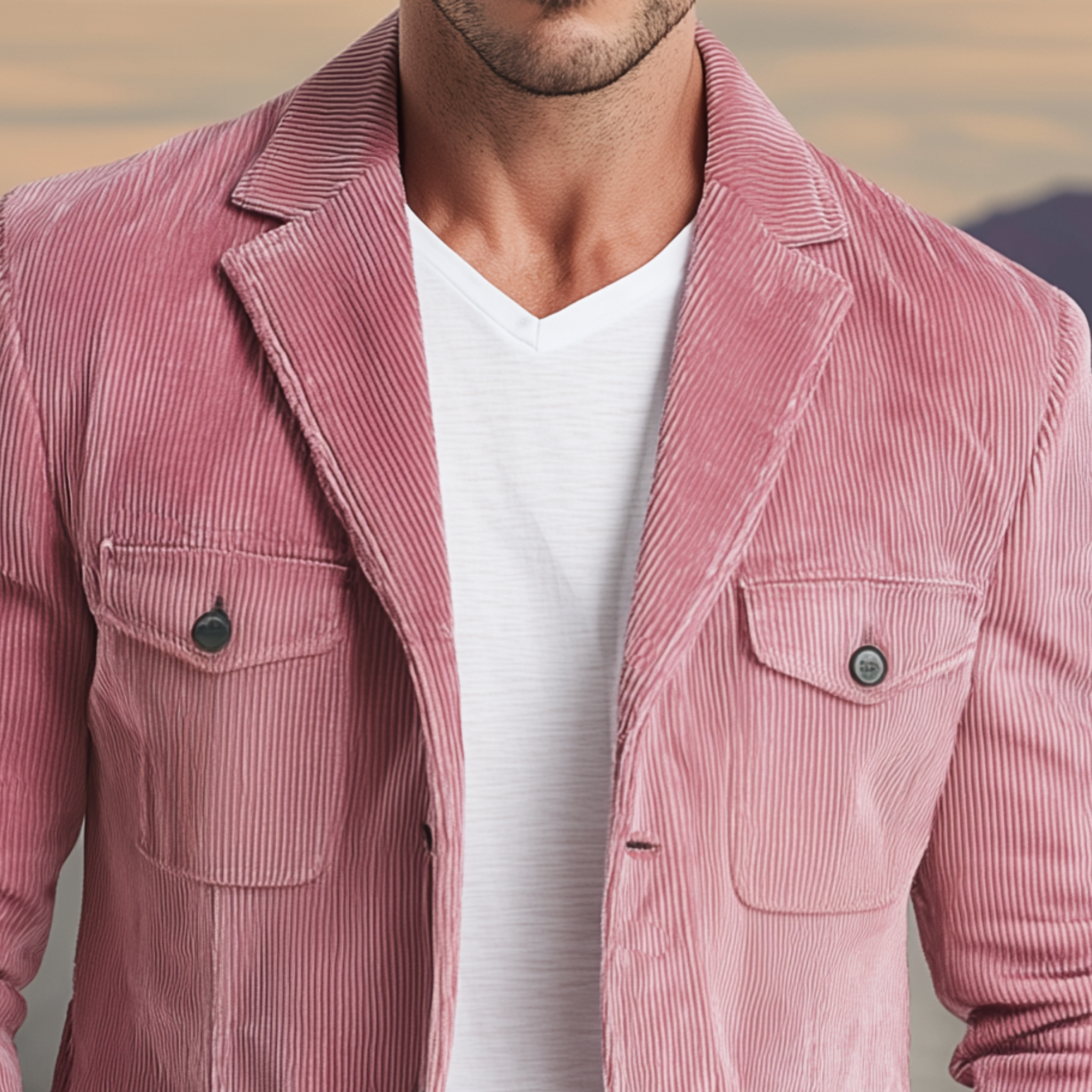Men's Classic Casual Western Style Pink Corduroy Multi-pocket Single-breasted Blazer MTA2535H1K