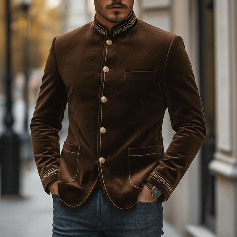Men's Retro Embroidered Stand-up Collar Velvet Button Jacket MTA2334L6P