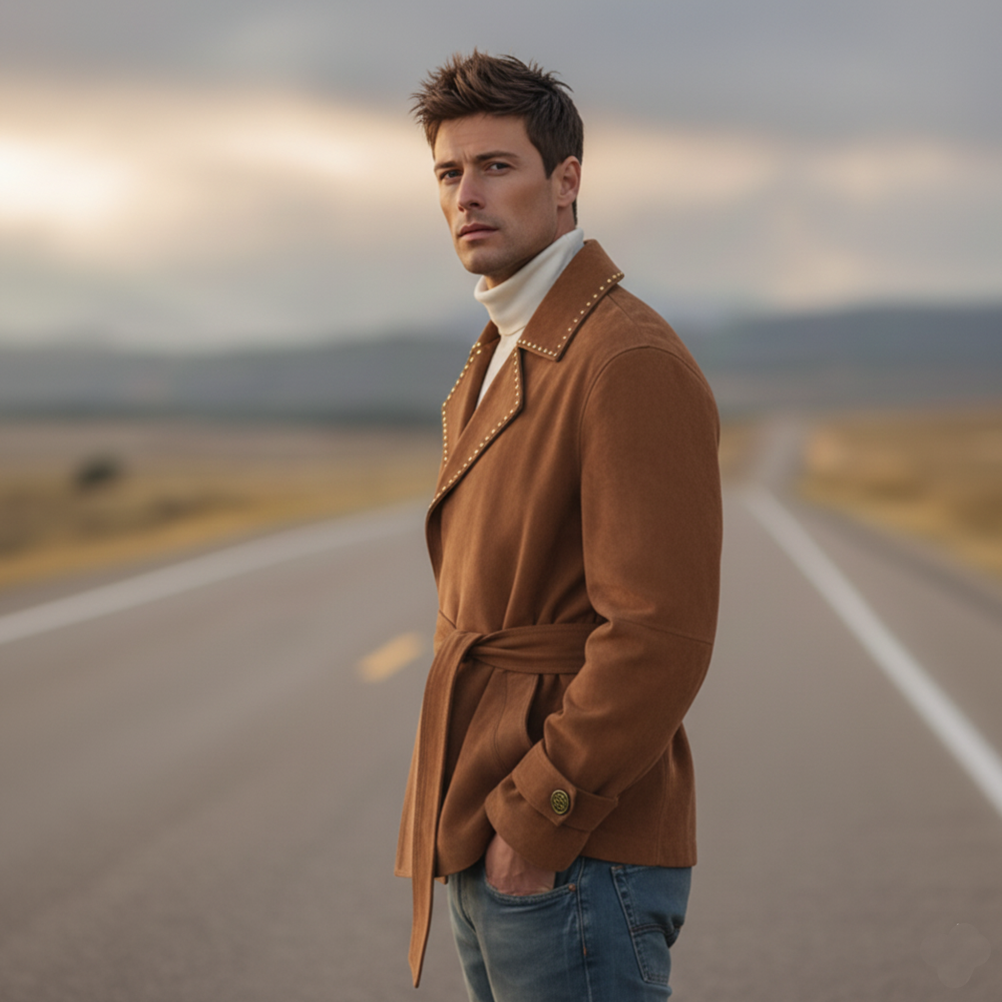 Men's Classic Retro Western Style Lapel Studded Belted Faux Suede Jacket MTA1178K5K