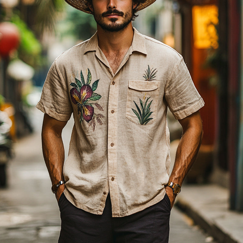 Men's Vintage Western Botanical Print Short Sleeve Shirt MTA2958D5X