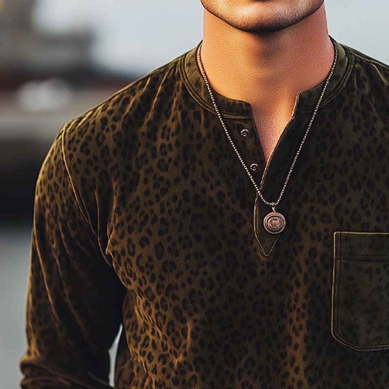 Men's Classic Henley Collar Leopard Suede Long Sleeve T-Shirt MTA3160G4U