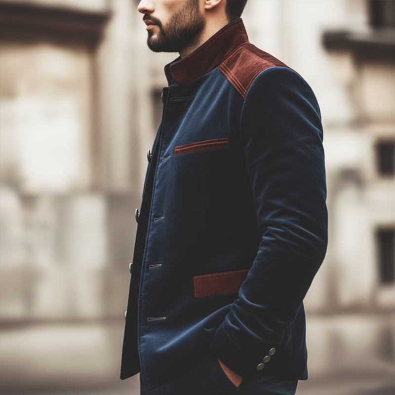 Men's Retro Elegant Stand Collar Velvet And Faux Suede Jacket MTA1258L8U