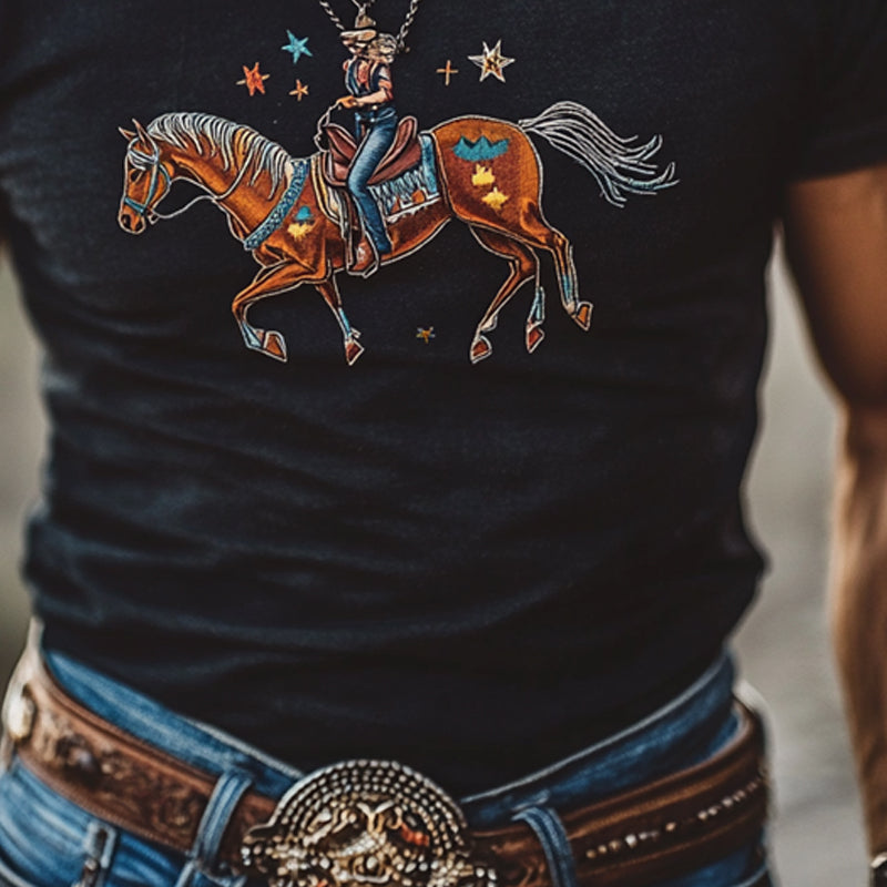 Herre t-skjorte med rund hals og korte ermer, vestlig cowboy-stil, trykk, MTA0307F2X