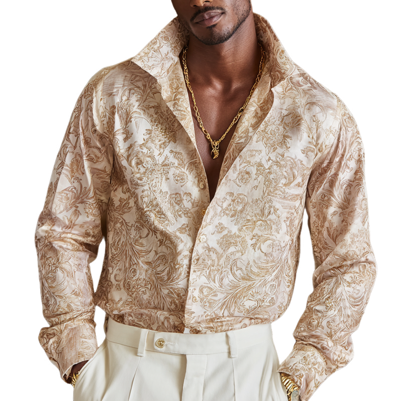 Men's Vintage Print Satin Lapel Long Sleeve Shirt MTA1133H3Z