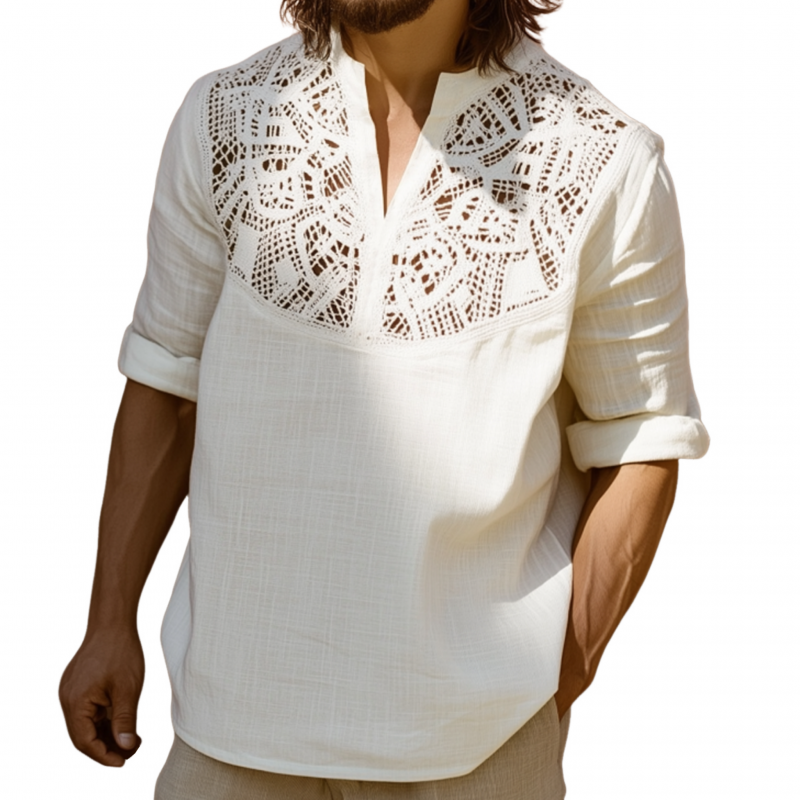 Men's Fashion Lace Patchwork Cotton Linen V-neck Hooded Loose Pullover Long Sleeve Shirt MTA2720F8M