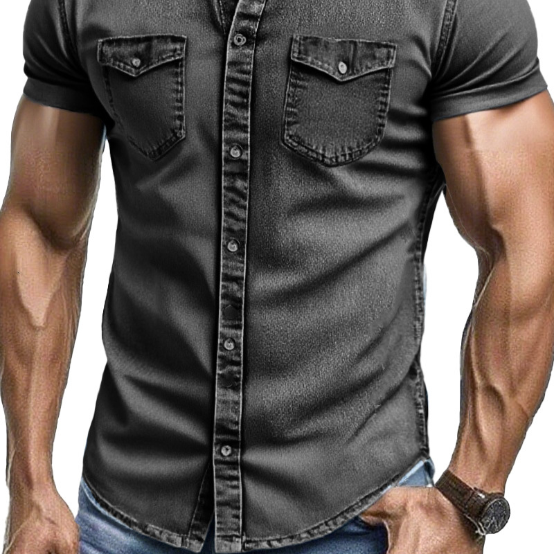 Men's Vintage Washed Short Sleeve Multi-Pocket Denim Shirt MTA2170F6X