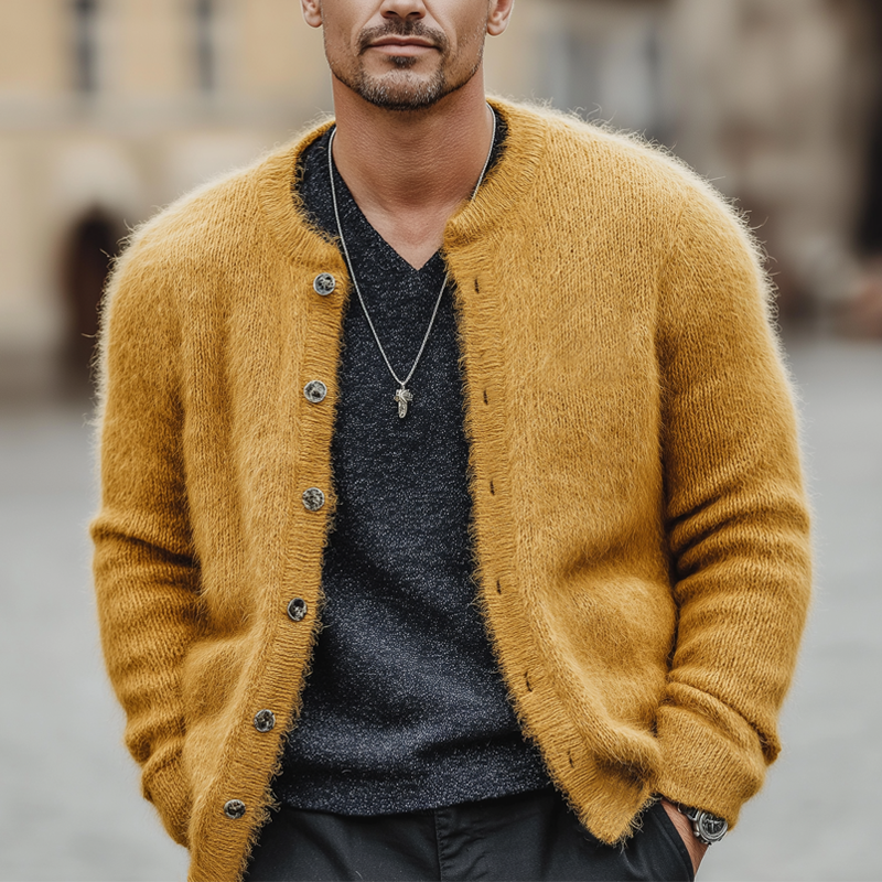 Men's Classic Mustard Yellow Faux Mink Fur Knitted Cardigan MTA1007L3U