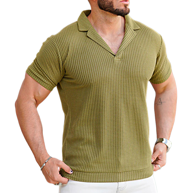 Men's Waffle Fabric Solid Color Short Sleeve POLO Shirt MTA1604F9X