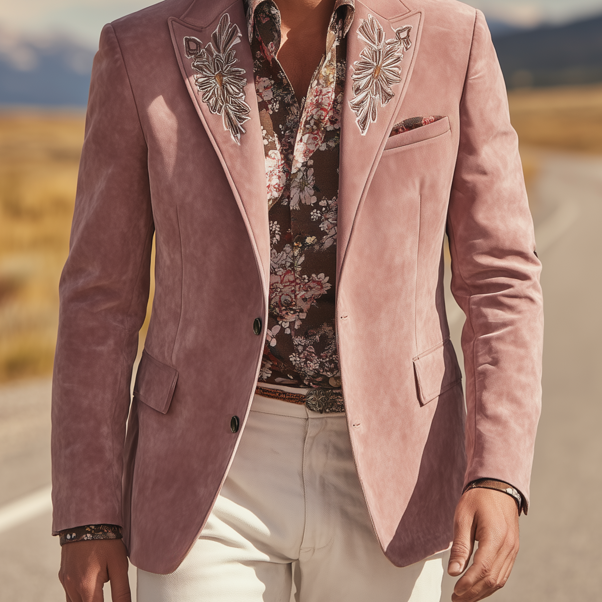 Men's Classic American Retro Western Style Embroidered Pink Suede Single-breasted Blazer MTA1873H0K