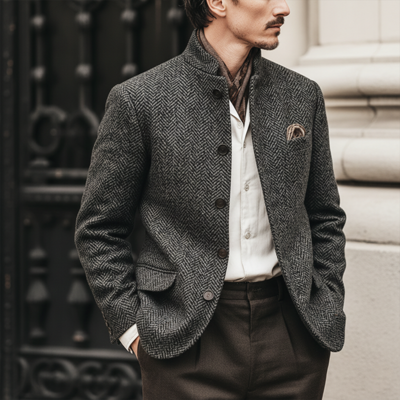 Men's Classic Plaid Stand Collar Double Vent Slim Fit Jacket MTA2171K8U