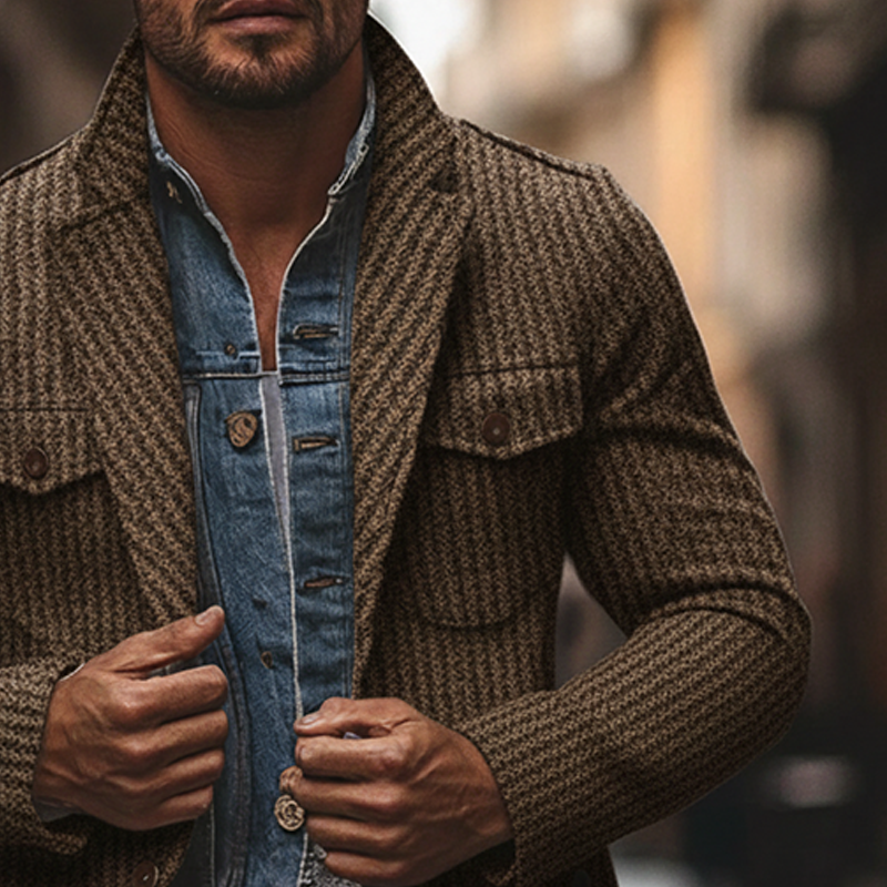 Men's Blended Striped Lapel Multi-pocket Jacket MTA2963I4X