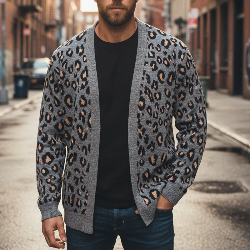 Men's Leopard Jacquard Knit V-Neck Cardigan MTA2686I0X