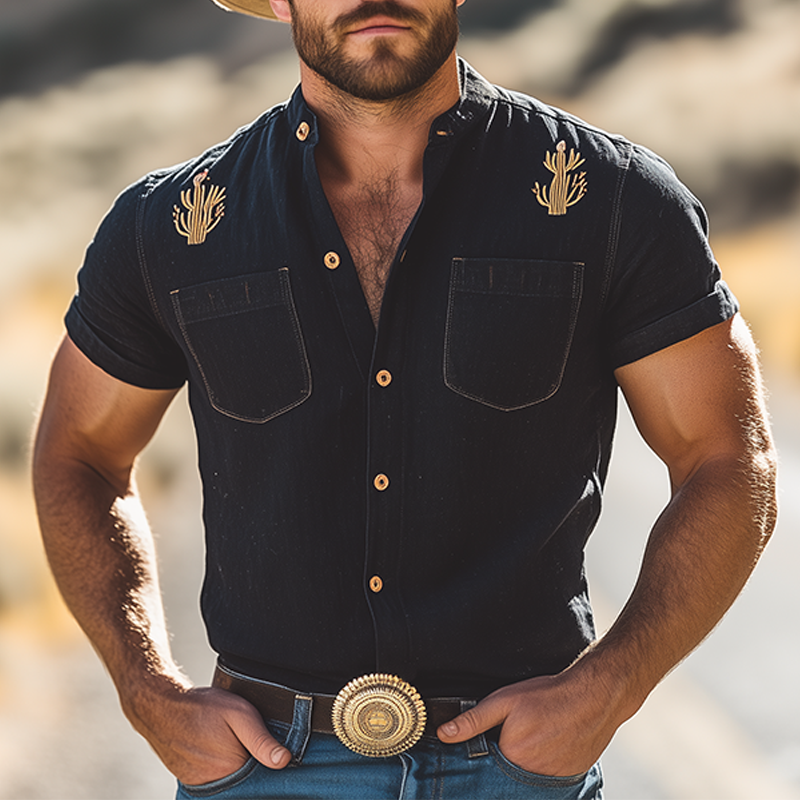 Men's Summer Casual American Retro Western Tough Black Washed Thin Denim Embroidery Slim Short-sleeved Shirt MTA1042F0K