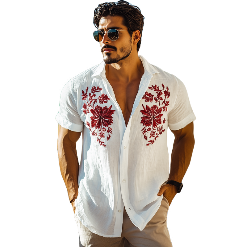 Men's Floral Embroidered Cotton Casual Short Sleeve Shirt MTA2523F6U