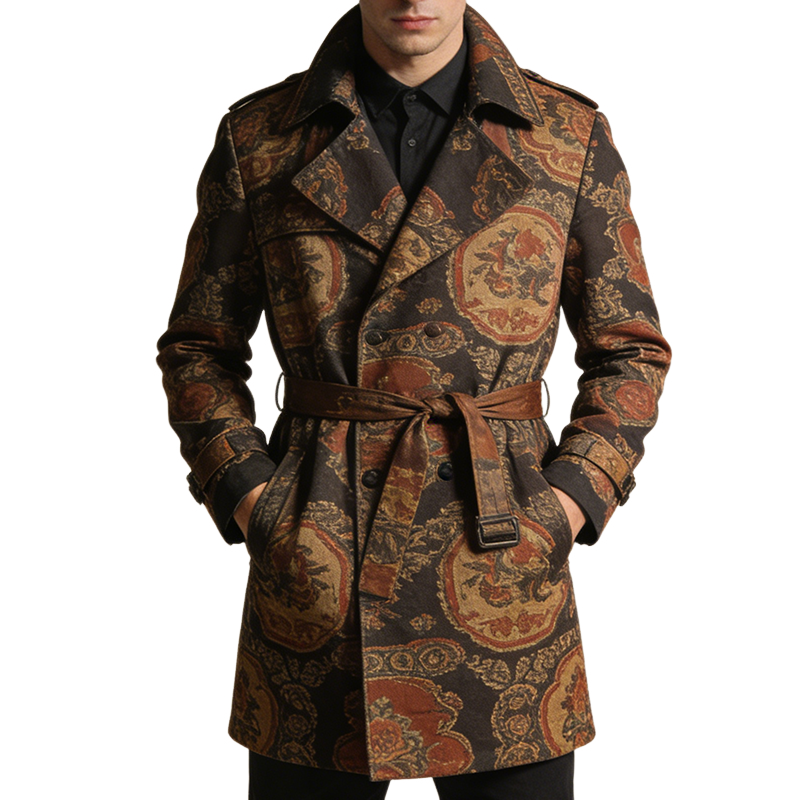 Men's Retro Casual Court Style Printed Lapel Belt Coat MTA1511L3TO