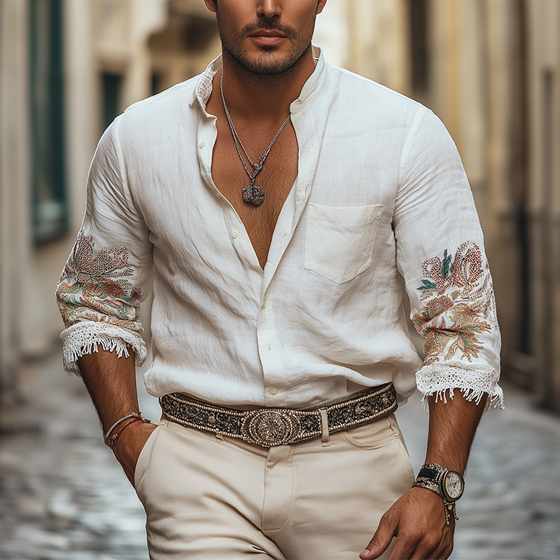 Men's Summer Lightweight Embroidered Linen Long Sleeve Shirt MTA0440F0P