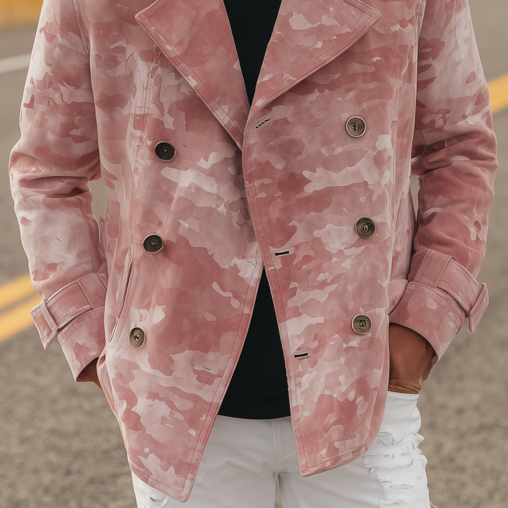Men's Classic Casual Pink Camouflage Suede Lapel Double-Breasted Jacket MTA2809H6K
