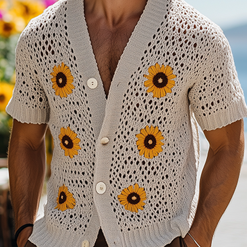 Men's Spring And Summer Fashion Casual Vacation Style Knitted Hollow Flower Short-sleeved Shirt MTA2187F8K